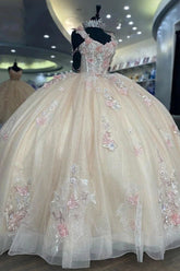 Joyce | Discover Our Floral Champagne Quinceañera Dresses - Shine at Your Big Day! - Champagne - PromDressClub